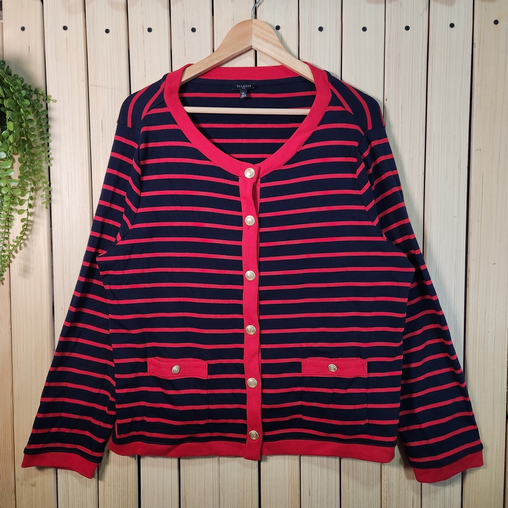 Talbots Cardigan, Patch Pocket, Delfina Stripe Red and Black Size 2XL